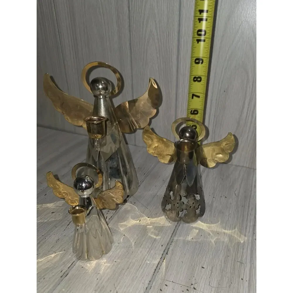 Vintage Angel Candlestick Holders Brass Silver Plated Christmas Decor Set of 3